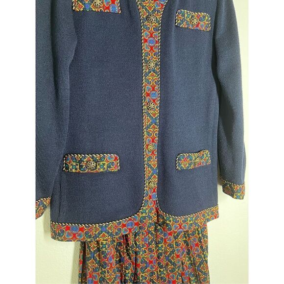 Vintage Jeffrey and Dara Set navy blue knit jacket with embroidery Skirt midi pl - Picture 2 of 16